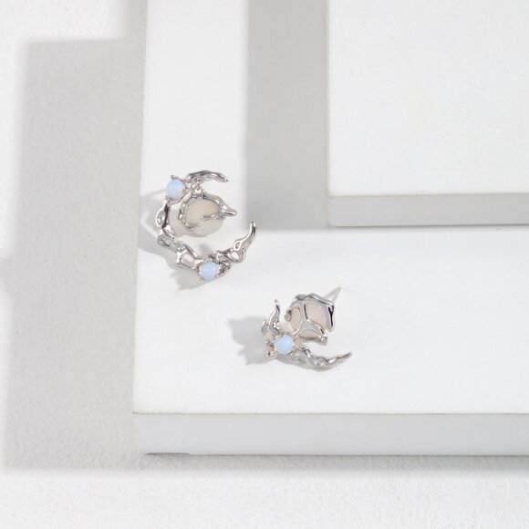 🌙 Artisan Original Design Asymmetrical Celestial Moon & Star Opal Earrings | S9 - Picture 3 of 9